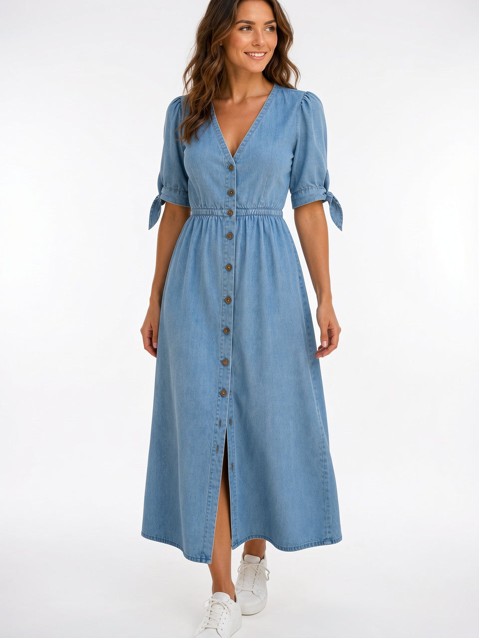 Robe Midi Femme Col V Boutons Devant - Bleu EU 34 / US 2 / UK 6