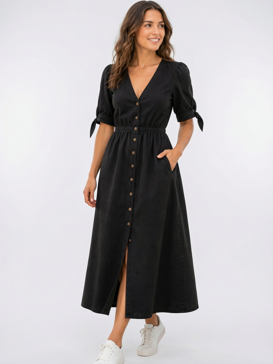 Robe Midi Femme Col V Boutons Devant - Noir EU 34 / US 2 / UK 6