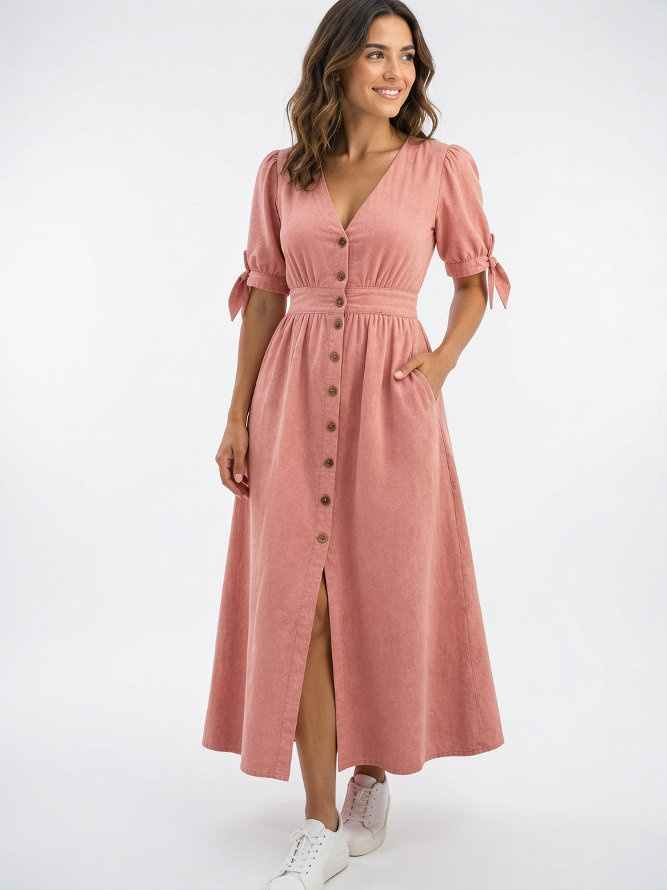Robe Midi Femme Col V Boutons Devant - Rose EU 34 / US 2 / UK 6