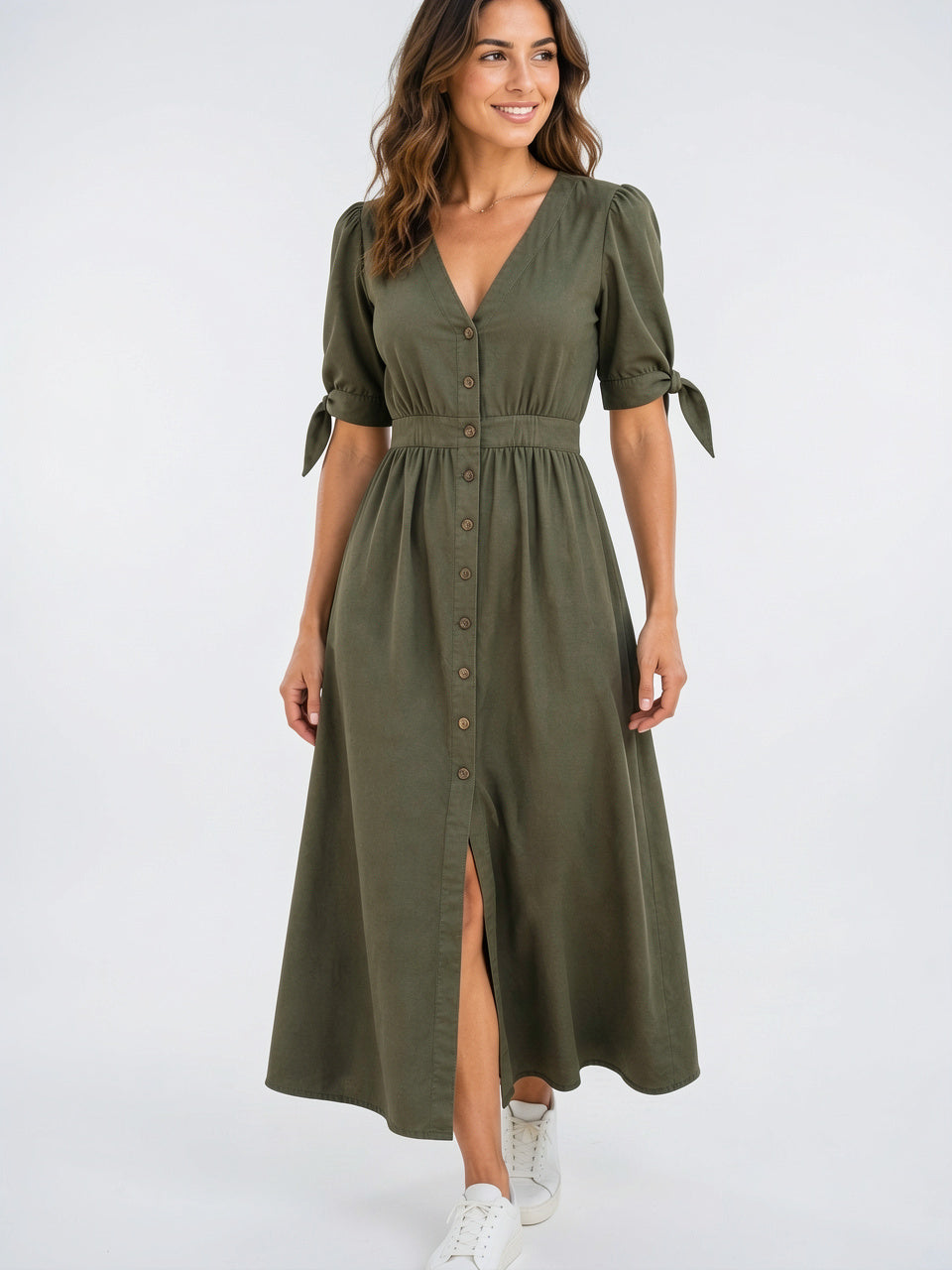 Robe Midi Femme Col V Boutons Devant - Vert EU 34 / US 2 / UK 6