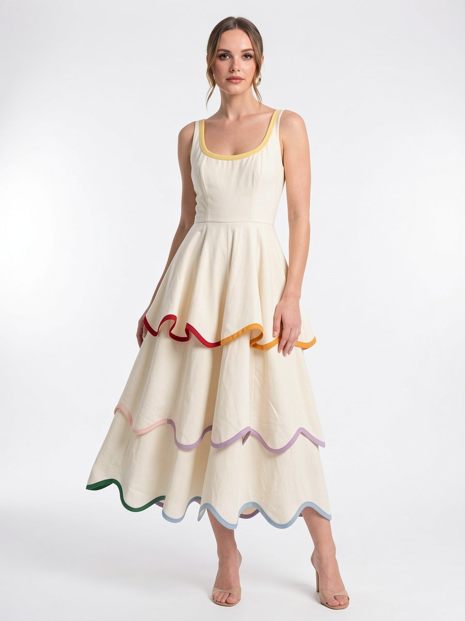 Robe Midi Lin Sans Manches Décolleté Invitée Mariage - Blanc EU 34 / US 2 / UK 6