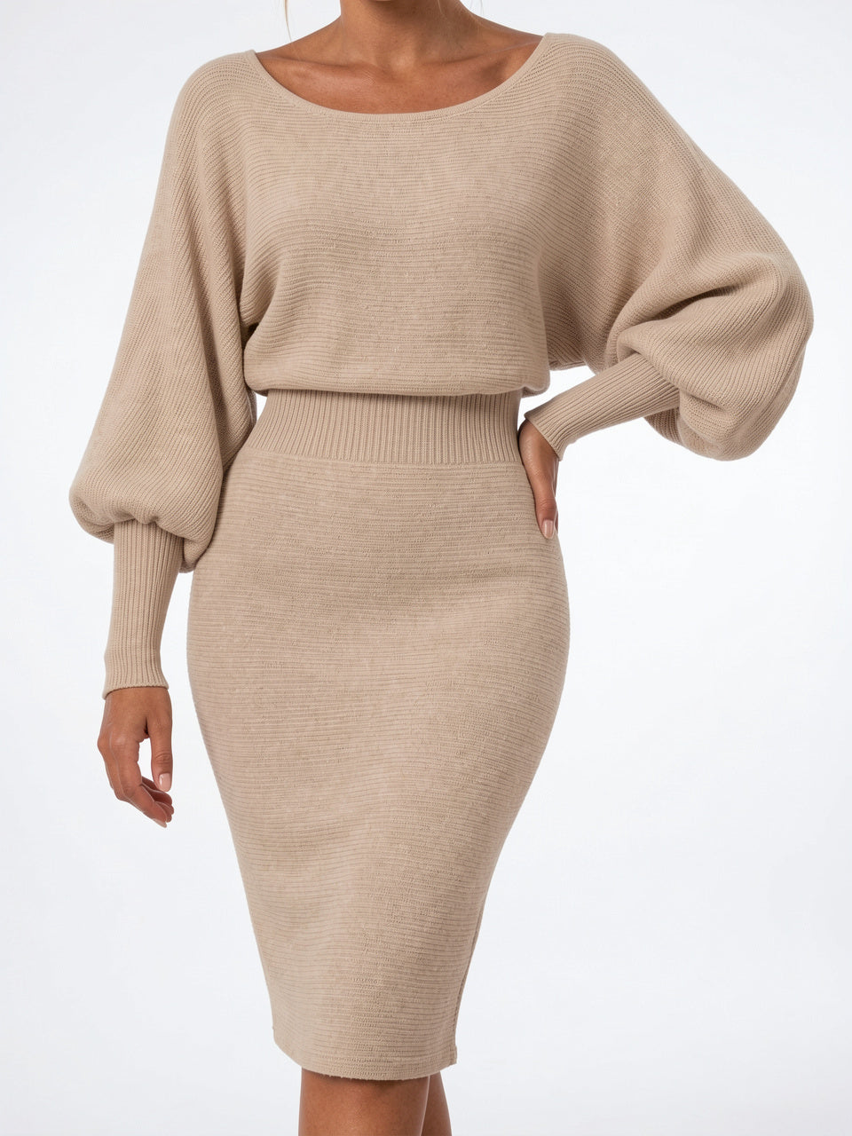 Robe Midi Tricot Ajustée Manches Papillon Col Rond - 3
