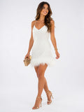 Robe Mini Plumes Femmes Soirée Col V Frangée - Blanc EU 32 / US 0 / UK 4
