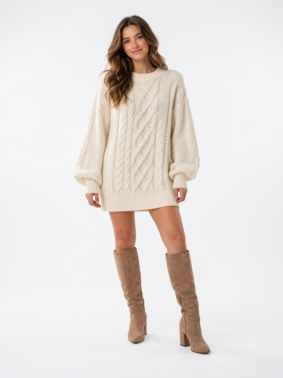 Robe Pull Tricotée Oversize Femme Torsadé Col Rond - Blanc S