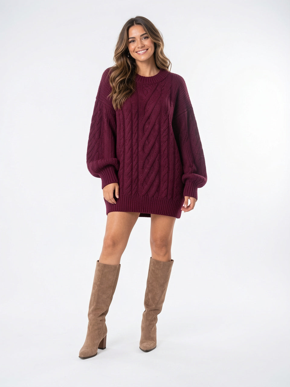 Robe Pull Tricotée Oversize Femme Torsadé Col Rond - Bordeaux S