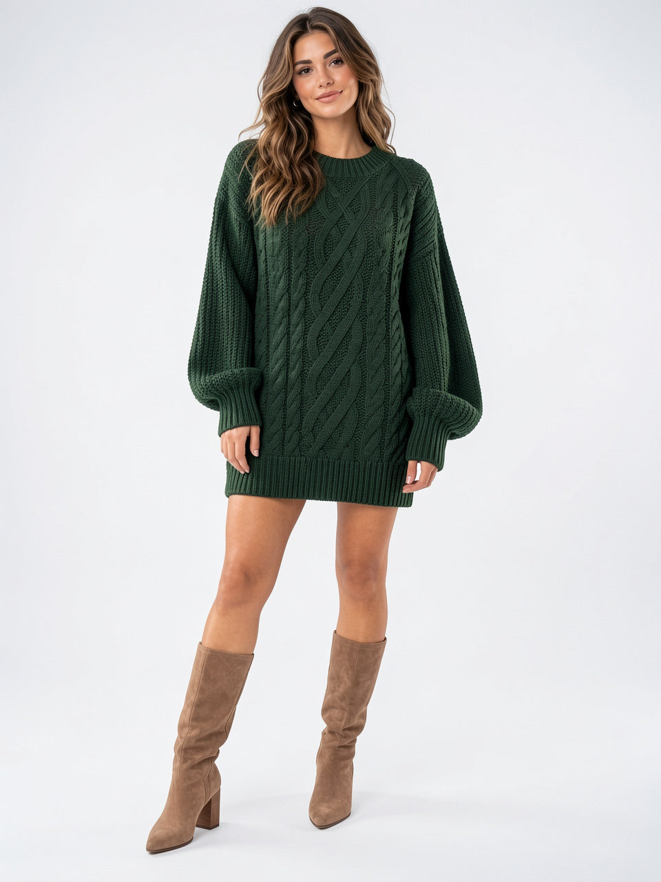 Robe Pull Tricotée Oversize Femme Torsadé Col Rond - Vert Foncé S