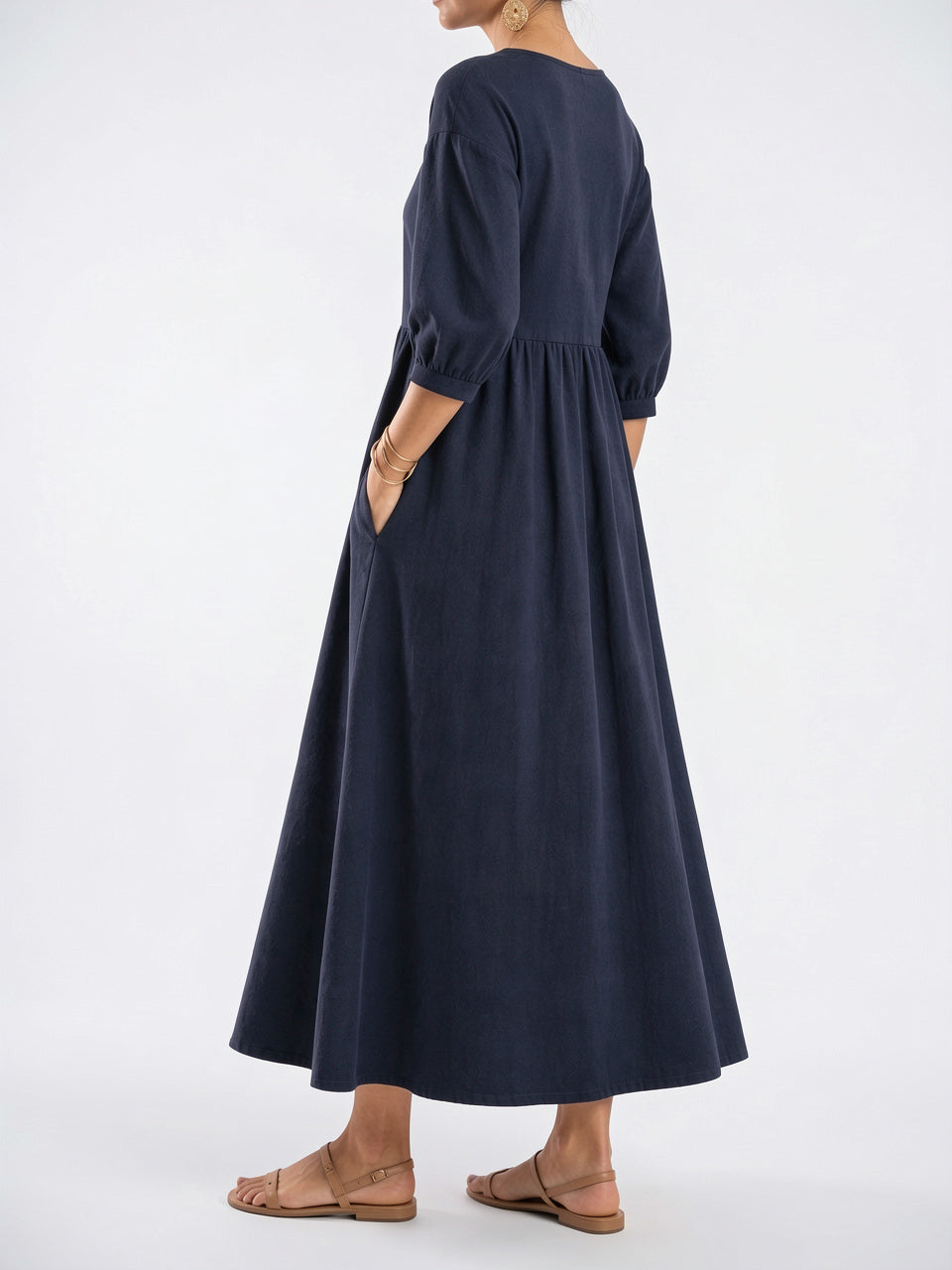 Robe Ruchée Longue Manches 3/4 Col Rond - 2