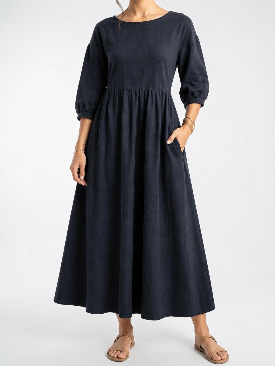 Robe Ruchée Longue Manches 3/4 Col Rond - Bleu Marine EU 32 / US 0 / UK 4