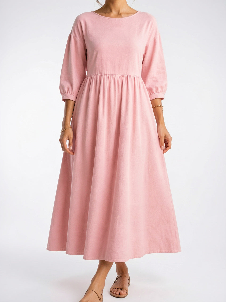 Robe Ruchée Longue Manches 3/4 Col Rond - Rose EU 32 / US 0 / UK 4