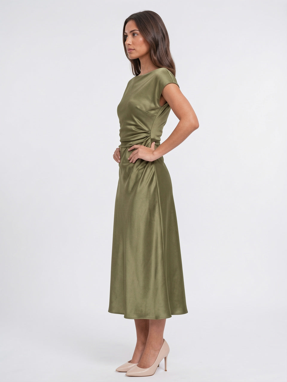 Robe Satin Midi Ceinture Col Bateau Invitée Mariage - 2
