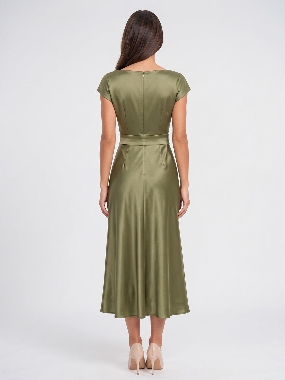 Robe Satin Midi Ceinture Col Bateau Invitée Mariage - 3