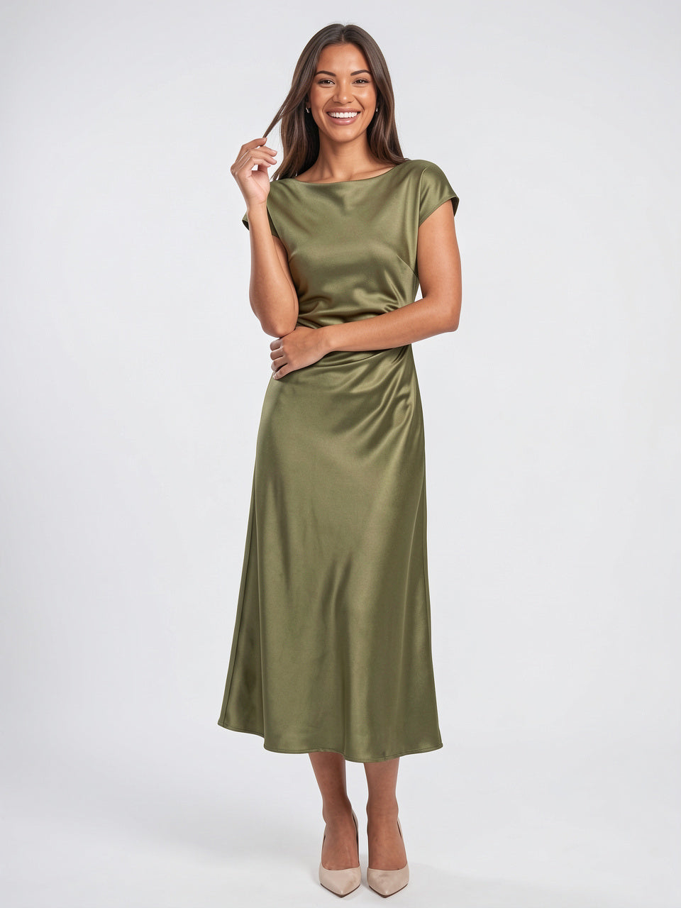 Robe Satin Midi Ceinture Col Bateau Invitée Mariage - 5