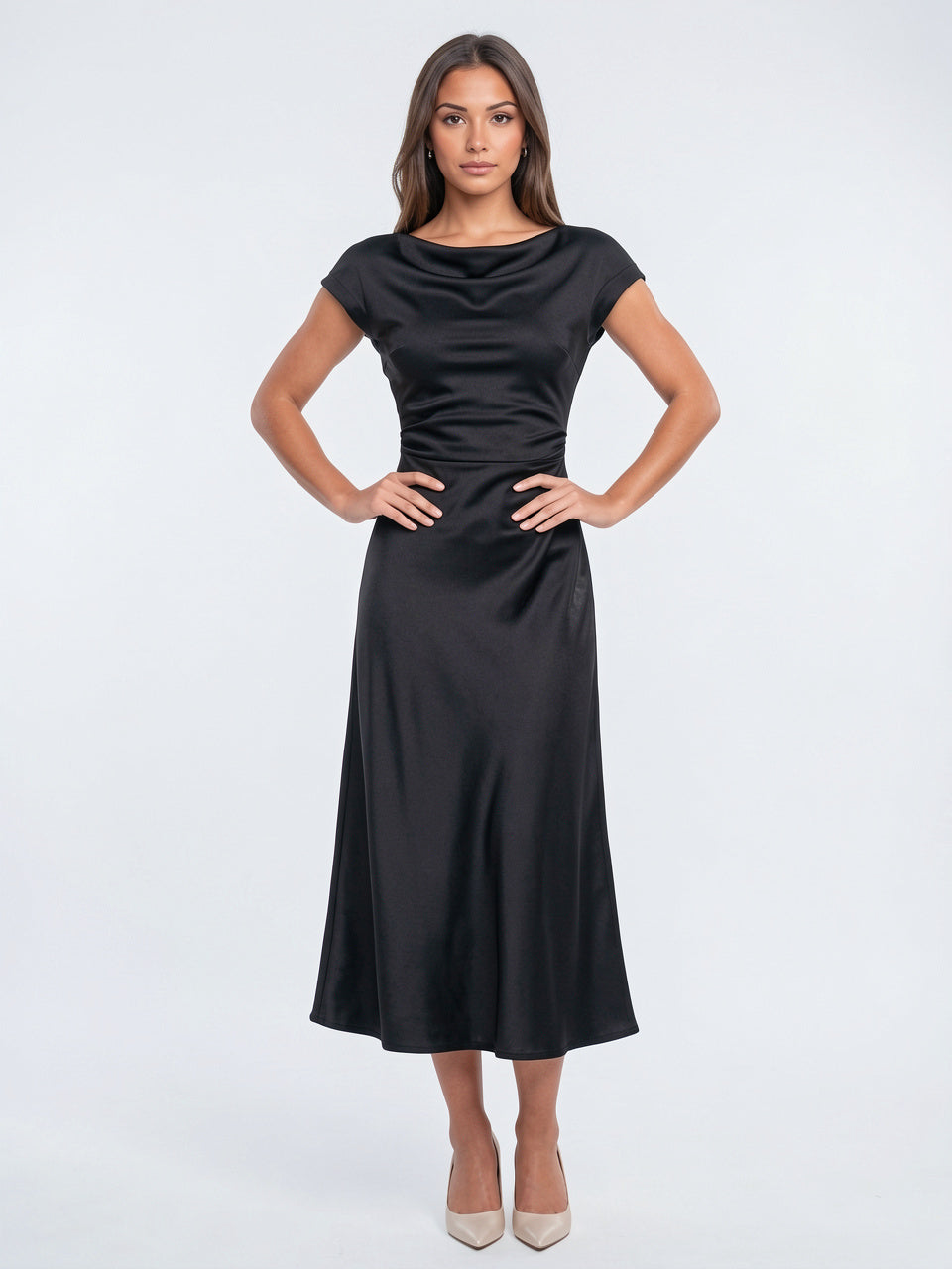 Robe Satin Midi Ceinture Col Bateau Invitée Mariage - Noir S