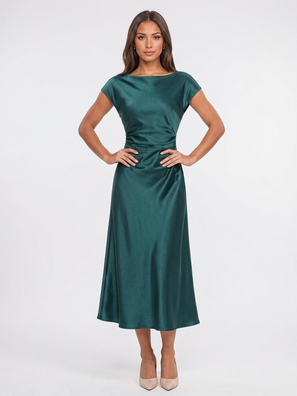 Robe Satin Midi Ceinture Col Bateau Invitée Mariage - Vert Foncé S