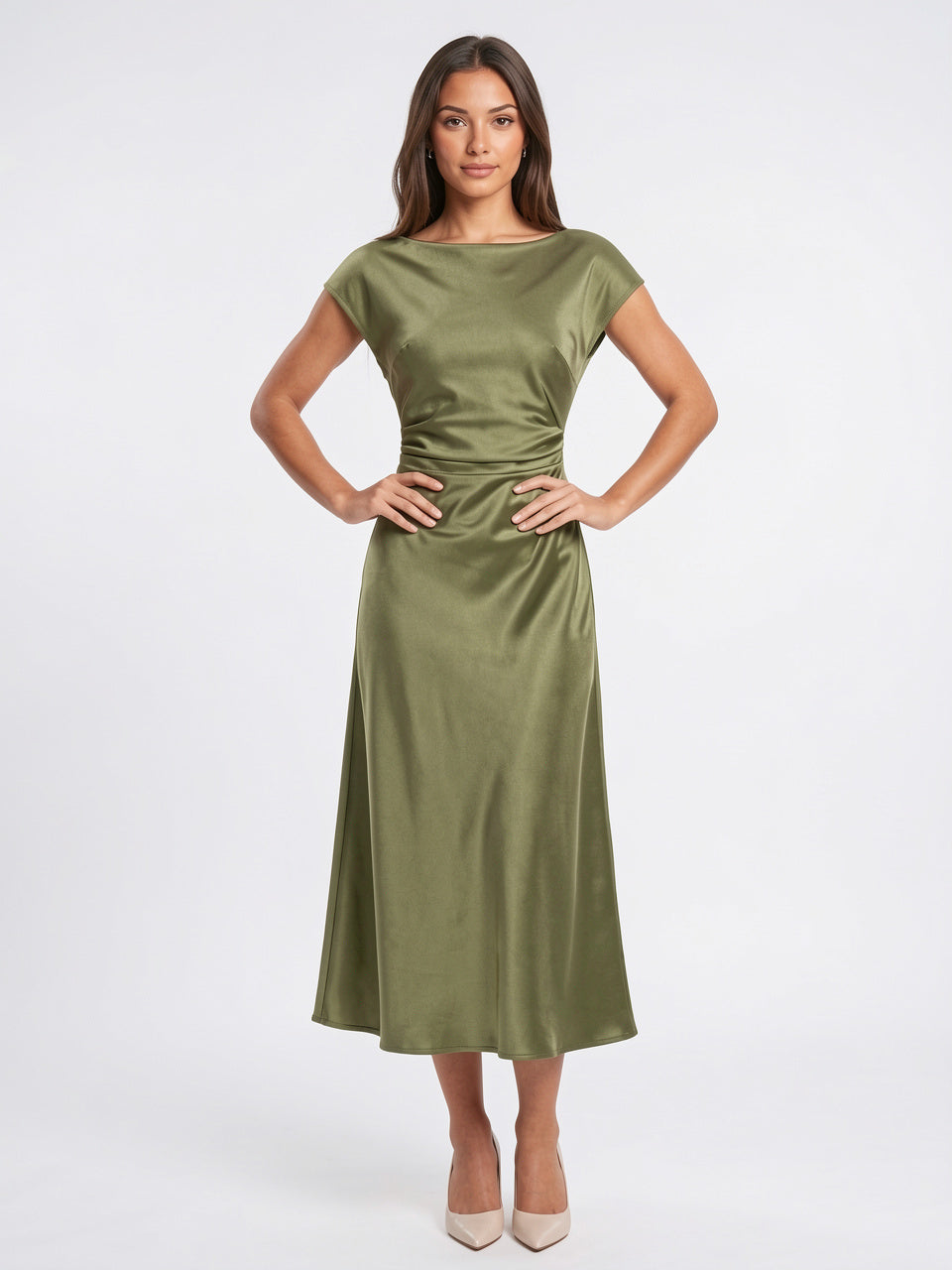 Robe Satin Midi Ceinture Col Bateau Invitée Mariage - Vert S
