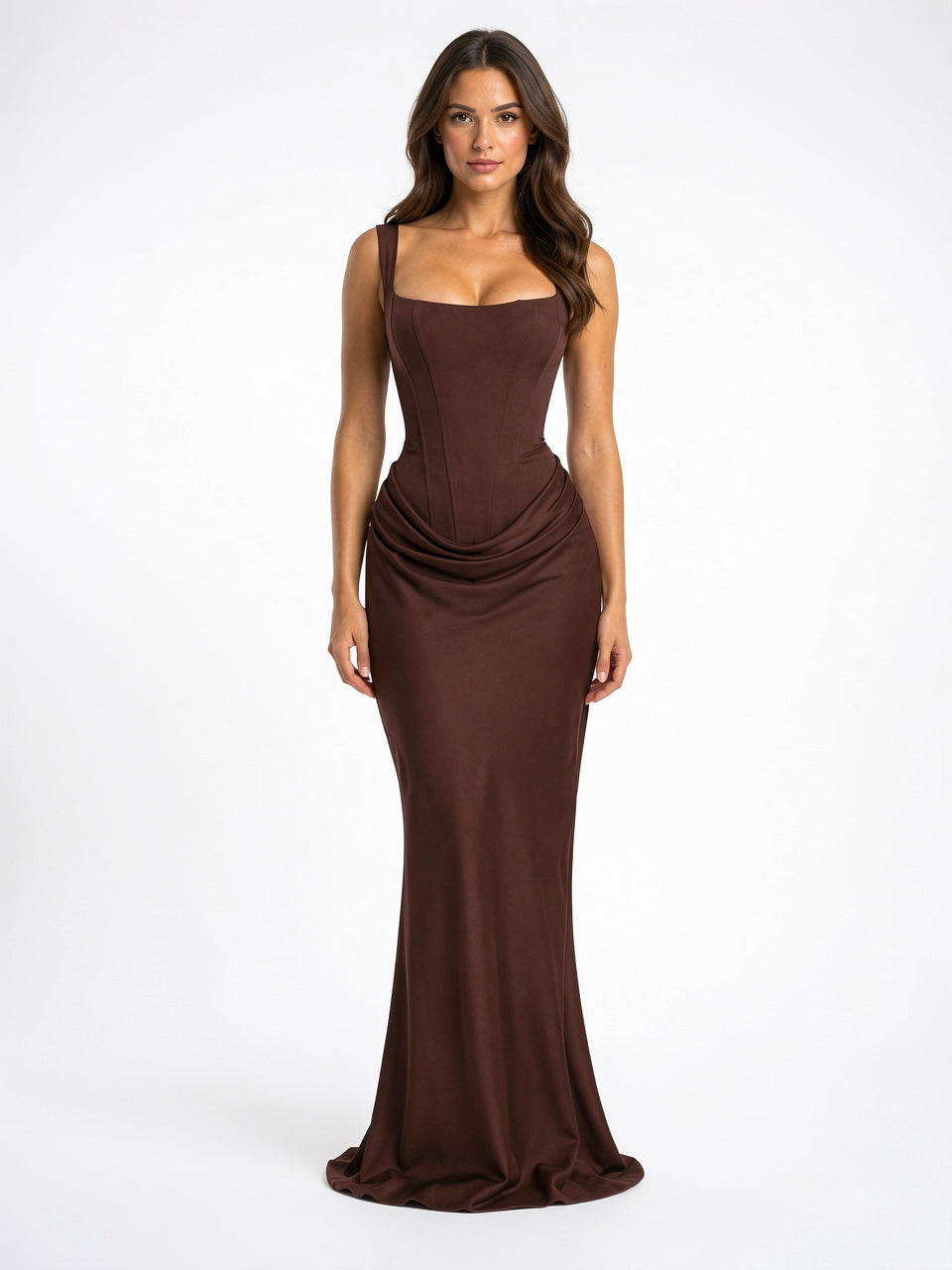 Robe Soirée Corset Maxi Ruchée Sans Bretelles Mariage - Marron EU 34 / US 2 / UK 6