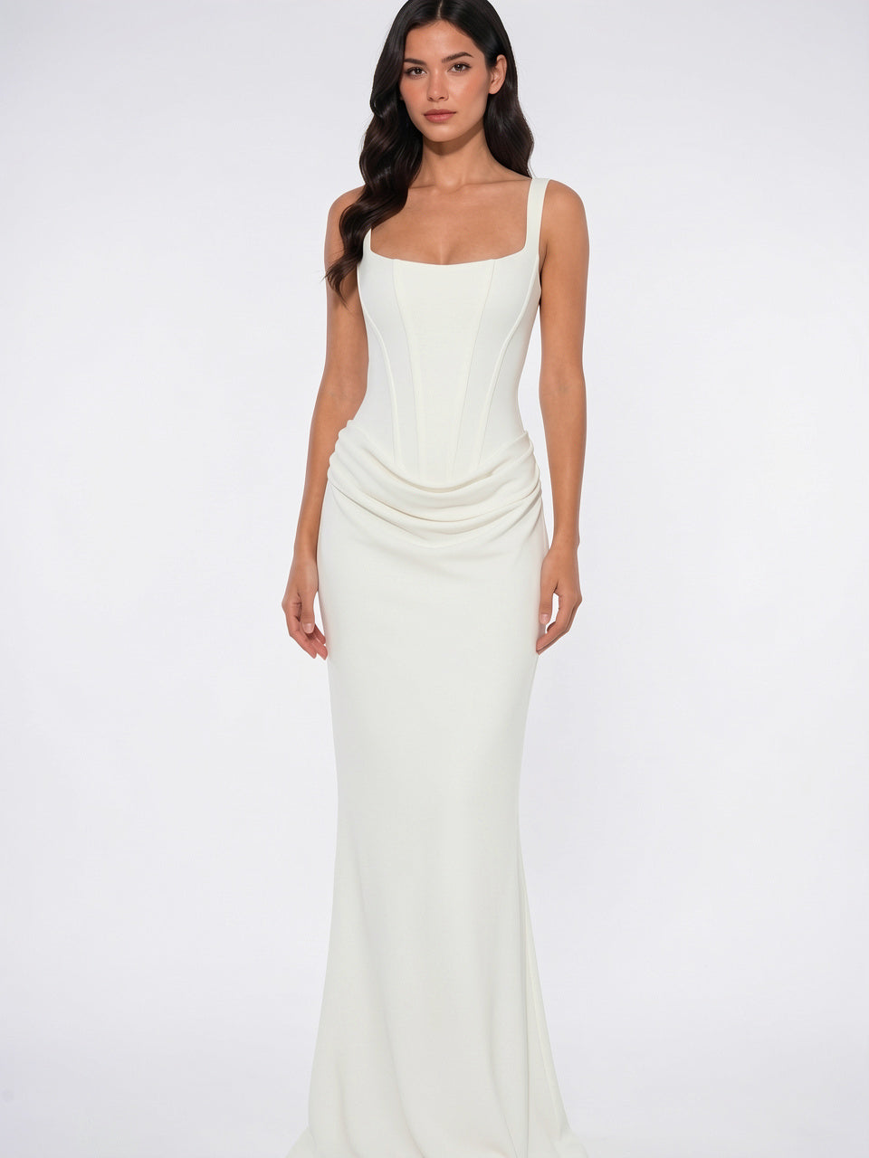 Robe Soirée Femme Longue Corset Drapée à Bretelles Fines - Blanc EU 34 / US 2 / UK 6