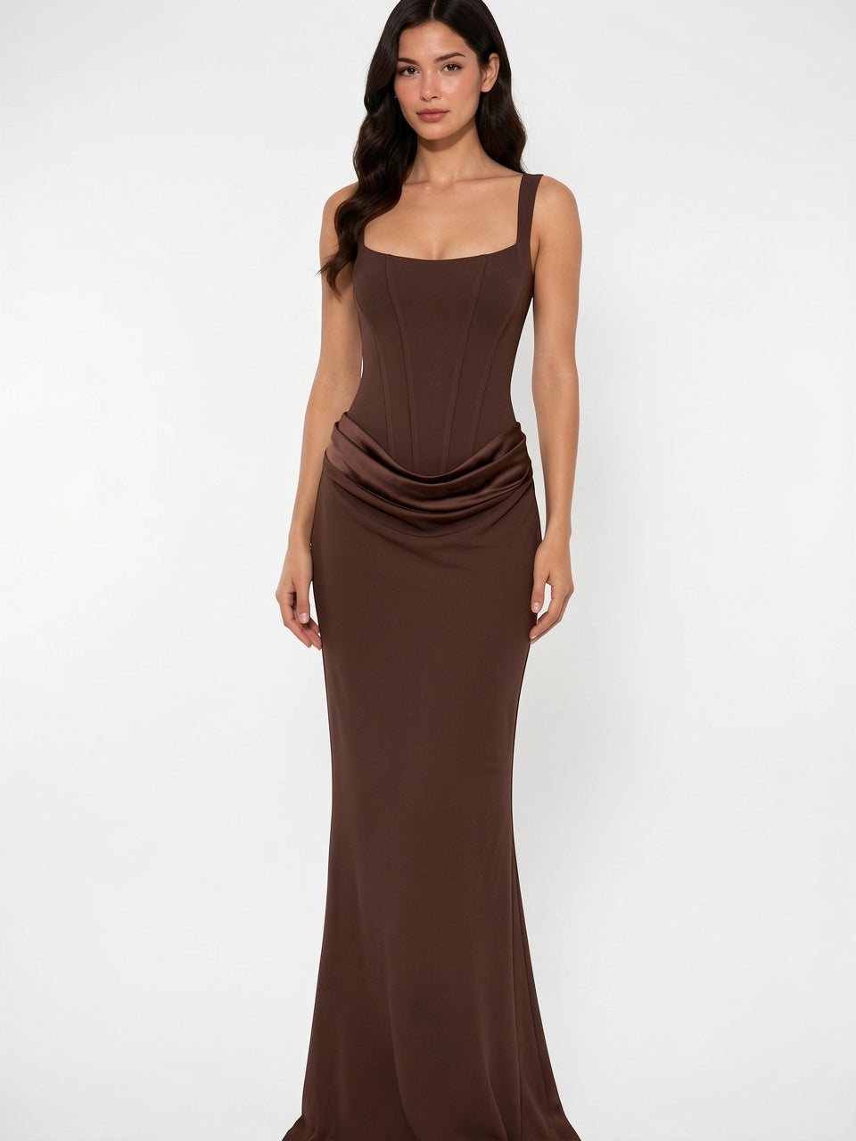 Robe Soirée Femme Longue Corset Drapée à Bretelles Fines - Bronze EU 34 / US 2 / UK 6