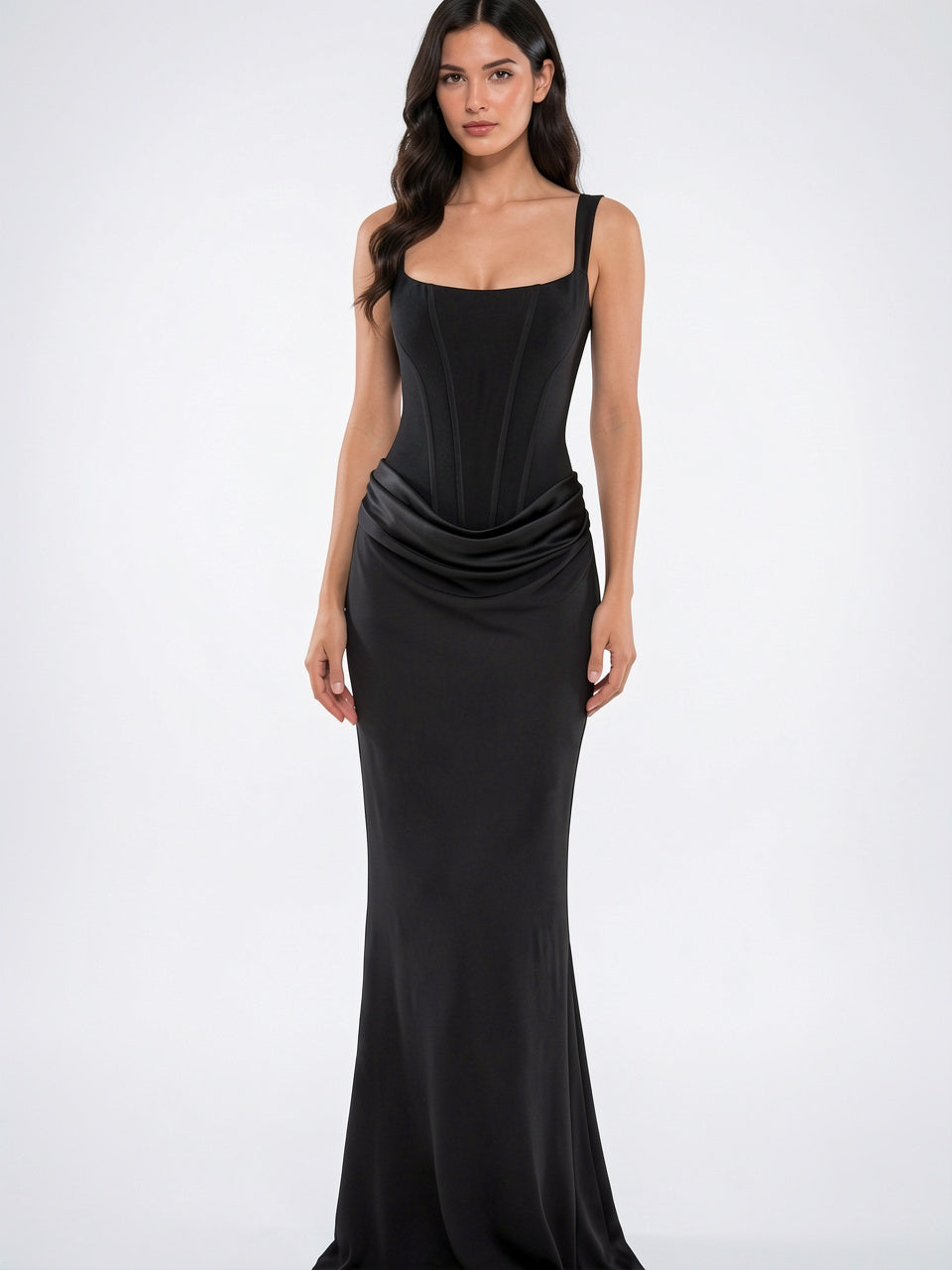 Robe Soirée Femme Longue Corset Drapée à Bretelles Fines - Noir EU 34 / US 2 / UK 6