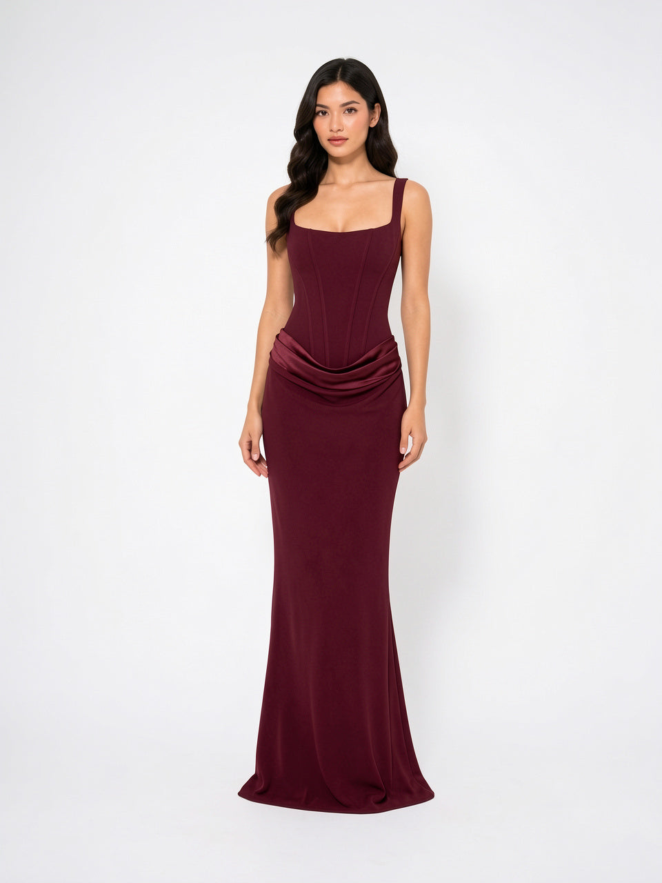 Robe Soirée Femme Longue Corset Drapée à Bretelles Fines - Rouge EU 34 / US 2 / UK 6