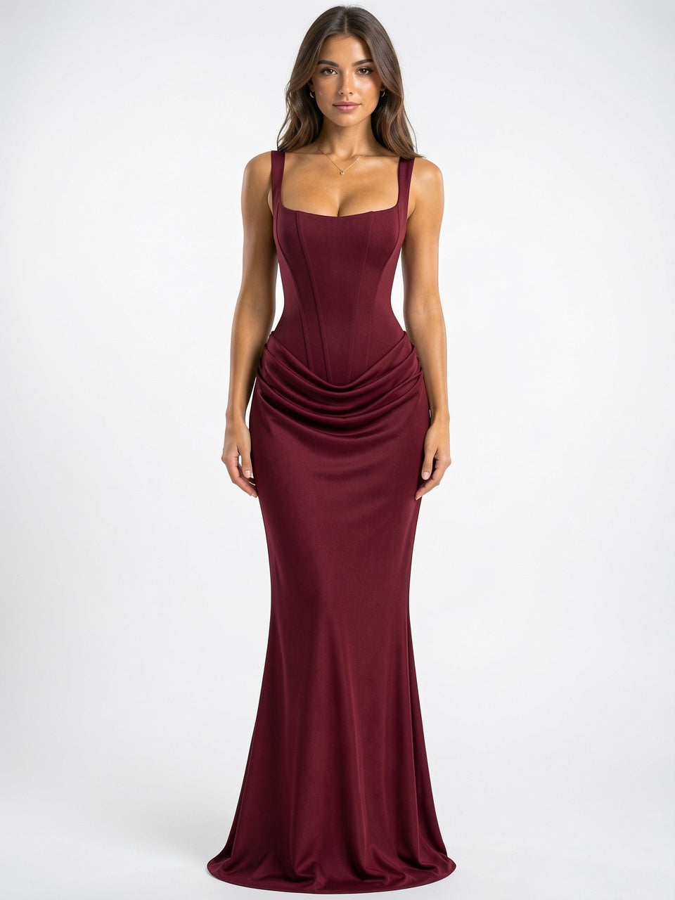 Robe Soirée Formelle Corset Col Carré Longue Ruchée - Bordeaux XS