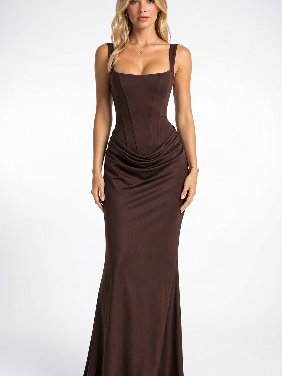 Robe Soirée Formelle Corset Col Carré Longue Ruchée - Moka XS