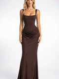 Robe Soirée Formelle Corset Col Carré Longue Ruchée - Moka XS