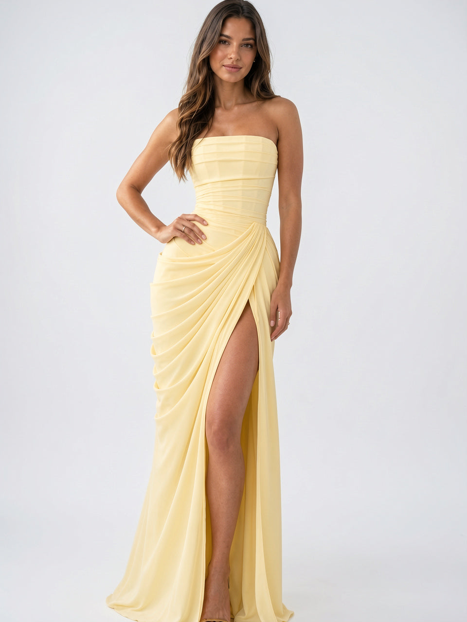 Robe Soirée Maxi Drapée Fente Femme Sans Bretelles - 4