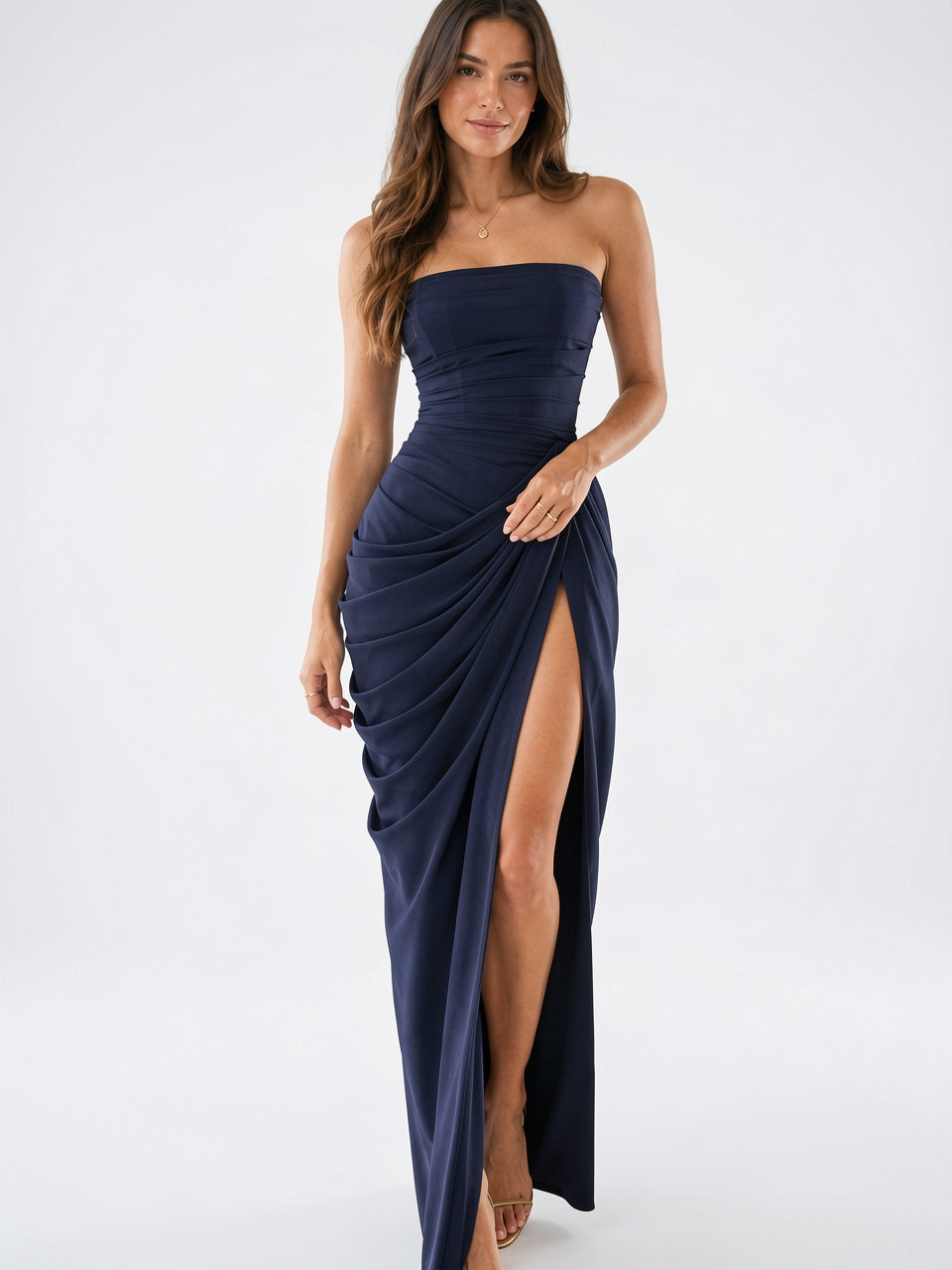 Robe Soirée Maxi Drapée Fente Femme Sans Bretelles - Bleu Foncé EU 34 / US 2 / UK 6