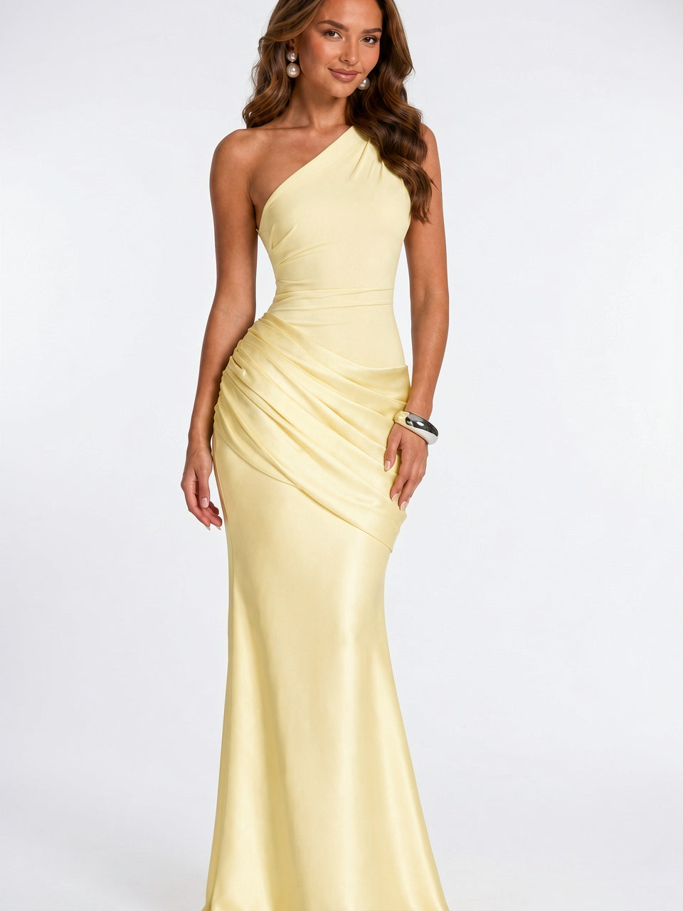 Robe Soirée Satin Épaule Longue Formelle Mariage - Jaune XS