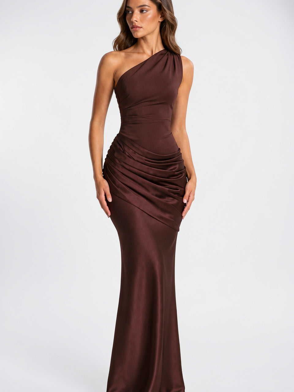Robe Soirée Satin Épaule Longue Formelle Mariage - Marron XS