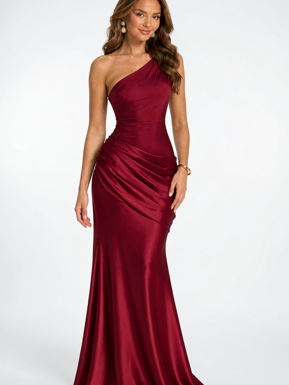 Robe Soirée Satin Épaule Longue Formelle Mariage - Rouge XS