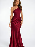 Robe Soirée Satin Épaule Longue Formelle Mariage - Rouge XS