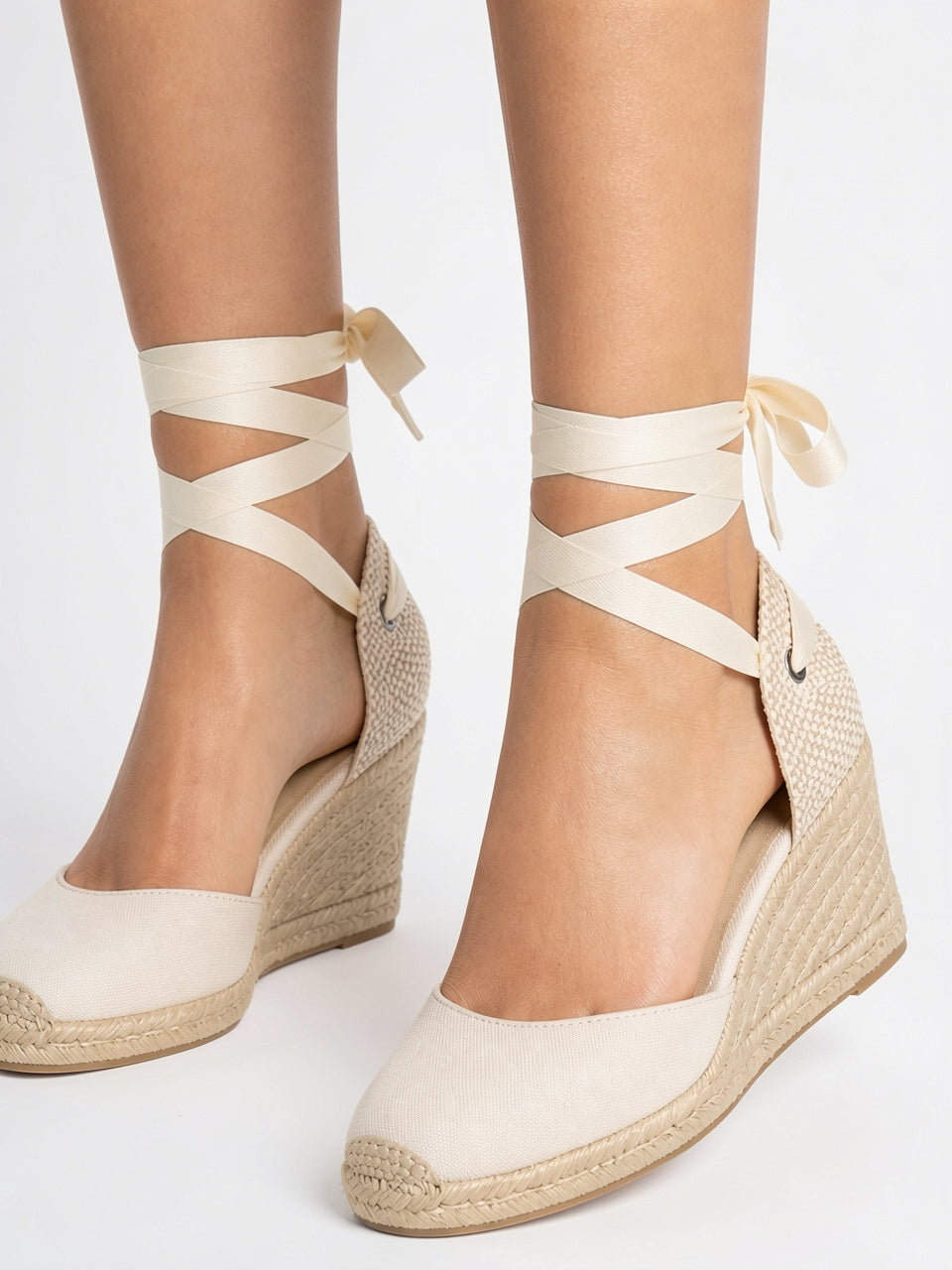 Sandales Espadrilles Compensées Femme Talons Été Lacet Cheville - Beige EU 34 / US 3 / UK 2