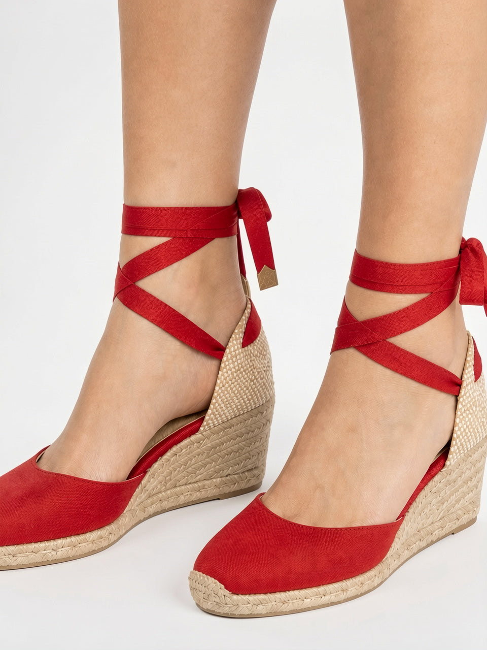 Sandales Espadrilles Compensées Femme Talons Été Lacet Cheville - Rouge EU 34 / US 3 / UK 2