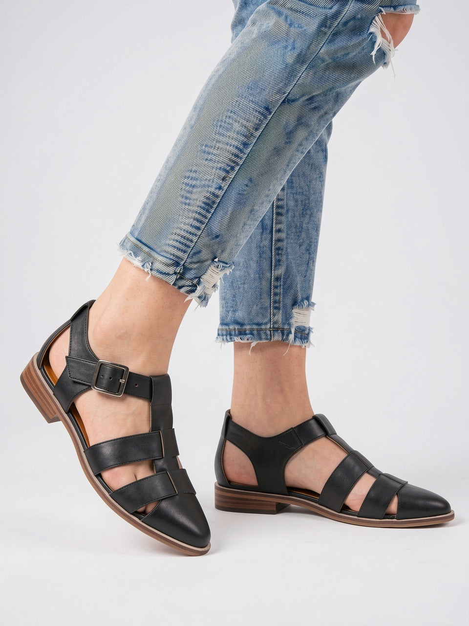 Sandales Gladiateur Mary Jane Cuir Bride Femme Plates - Noir EU 35 / US 4 / UK 2.5