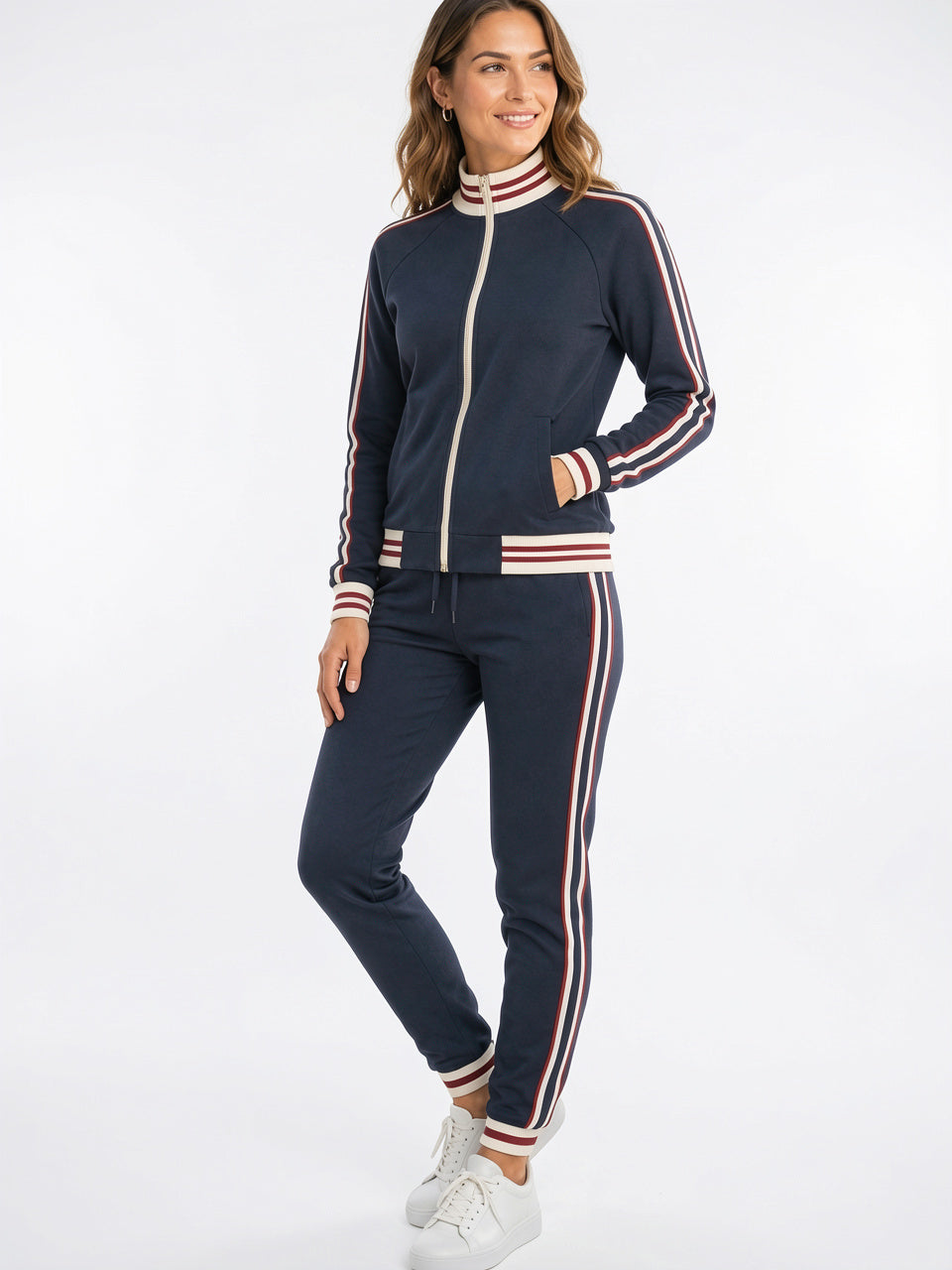 Survêtement Femme Veste Zippée Rayée Pantalon Ensemble - Bleu Foncé XS