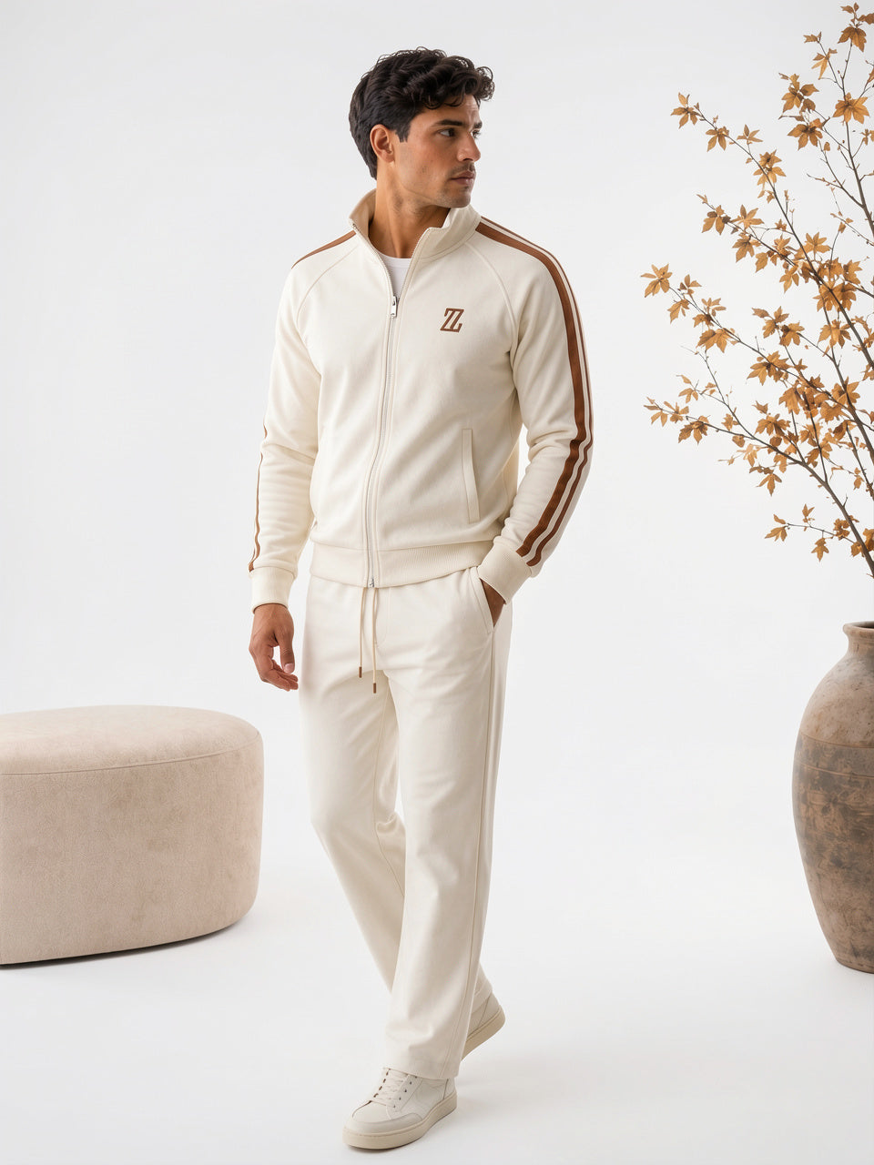 Survêtement Tricoté Zippée Homme Ensemble Sportif - Crème Héritage S