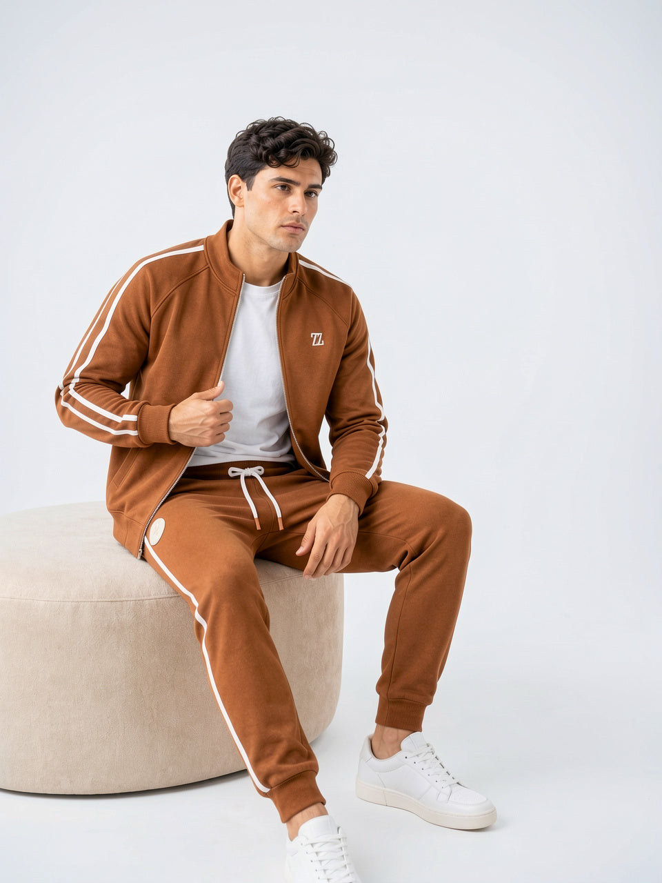 Survêtement Tricoté Zippée Homme Ensemble Sportif - Marron Châtaigne S