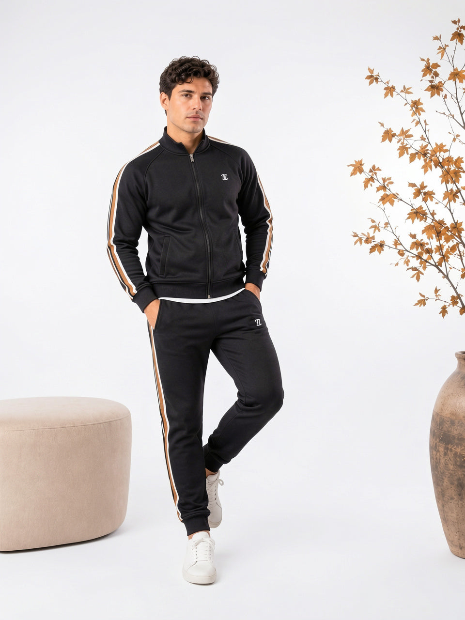 Survêtement Tricoté Zippée Homme Ensemble Sportif - Noir Profond S