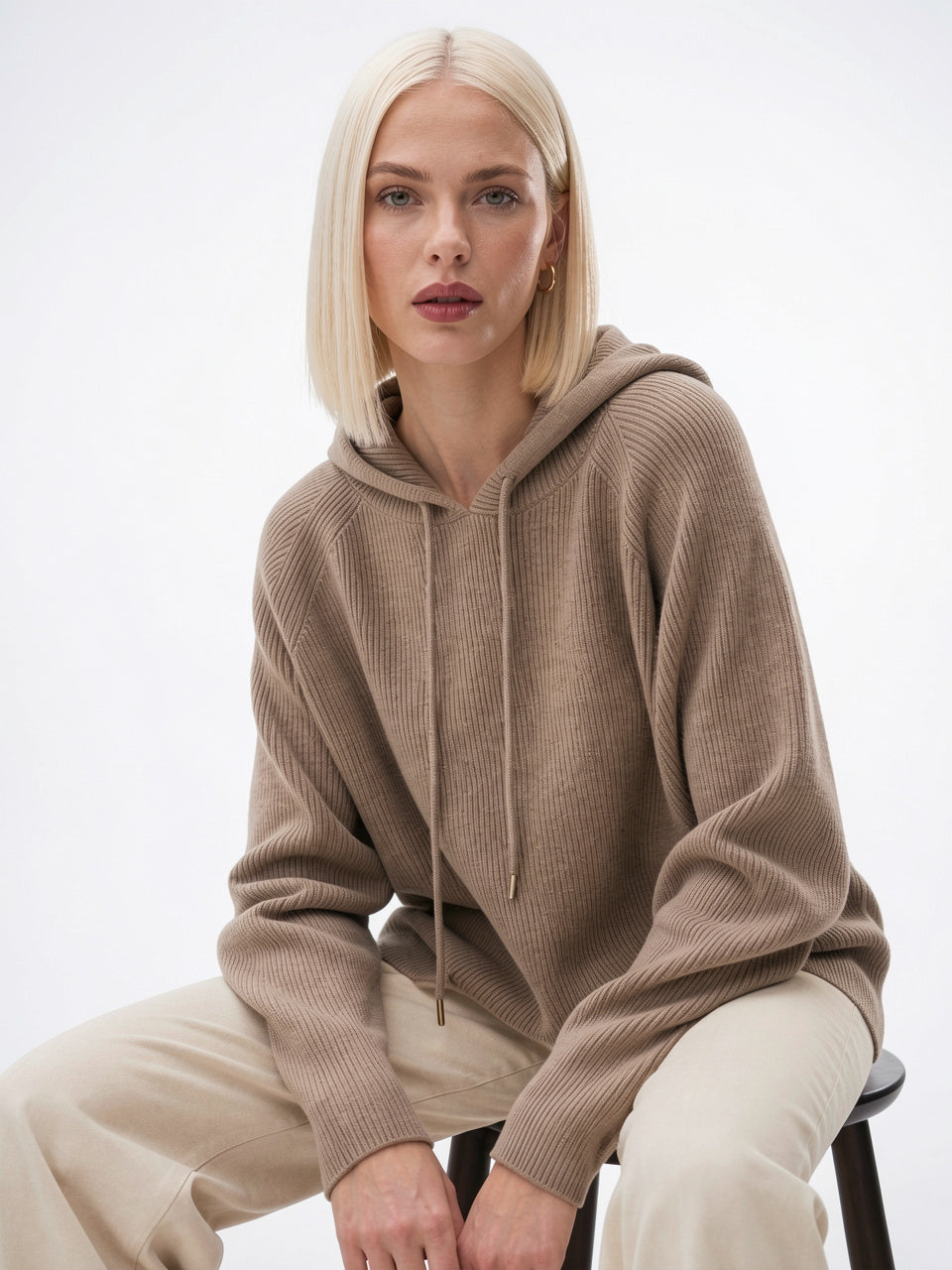 Sweat à Capuche Femme Cachemire Tricot Classique - Camel XS
