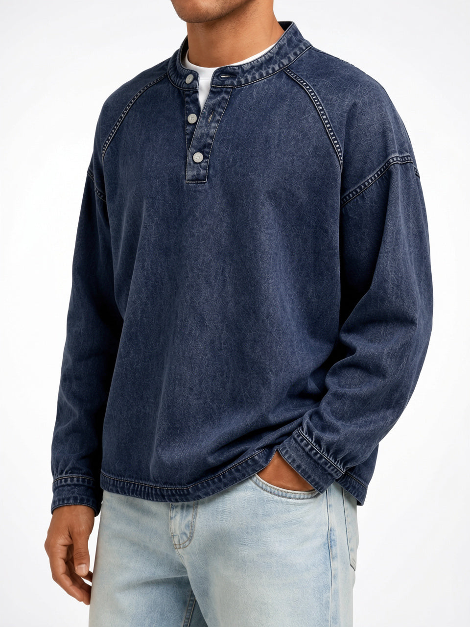 Sweat Henley Homme Délavé Col Montant Boutonné Large - 3
