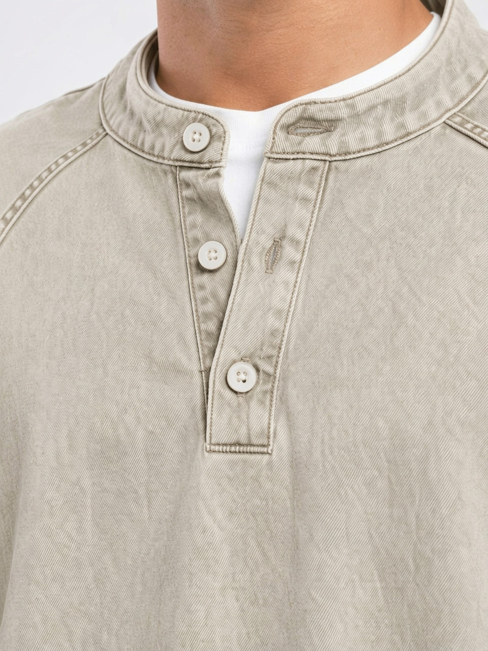Sweat Henley Homme Délavé Col Montant Boutonné Large - 5