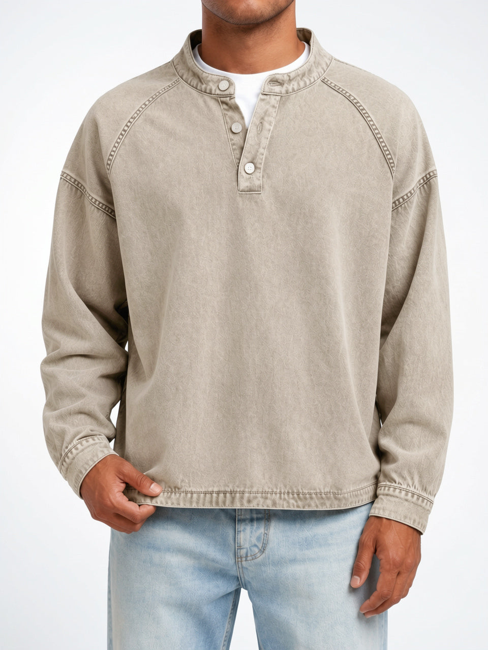 Sweat Henley Homme Délavé Col Montant Boutonné Large - Beige S