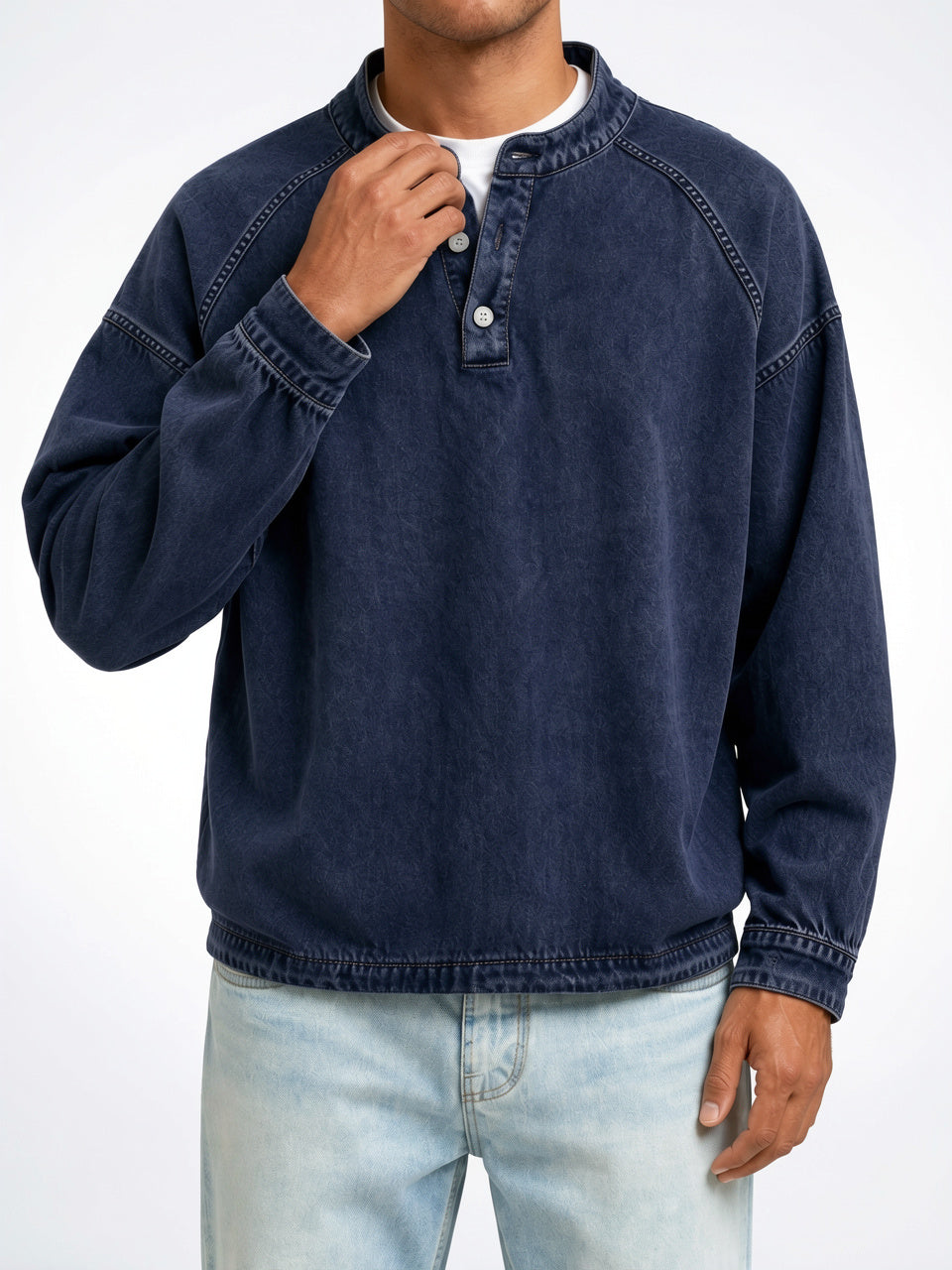 Sweat Henley Homme Délavé Col Montant Boutonné Large - Bleu Marine S