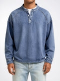 Sweat Henley Homme Délavé Col Montant Boutonné Large - Bleu S