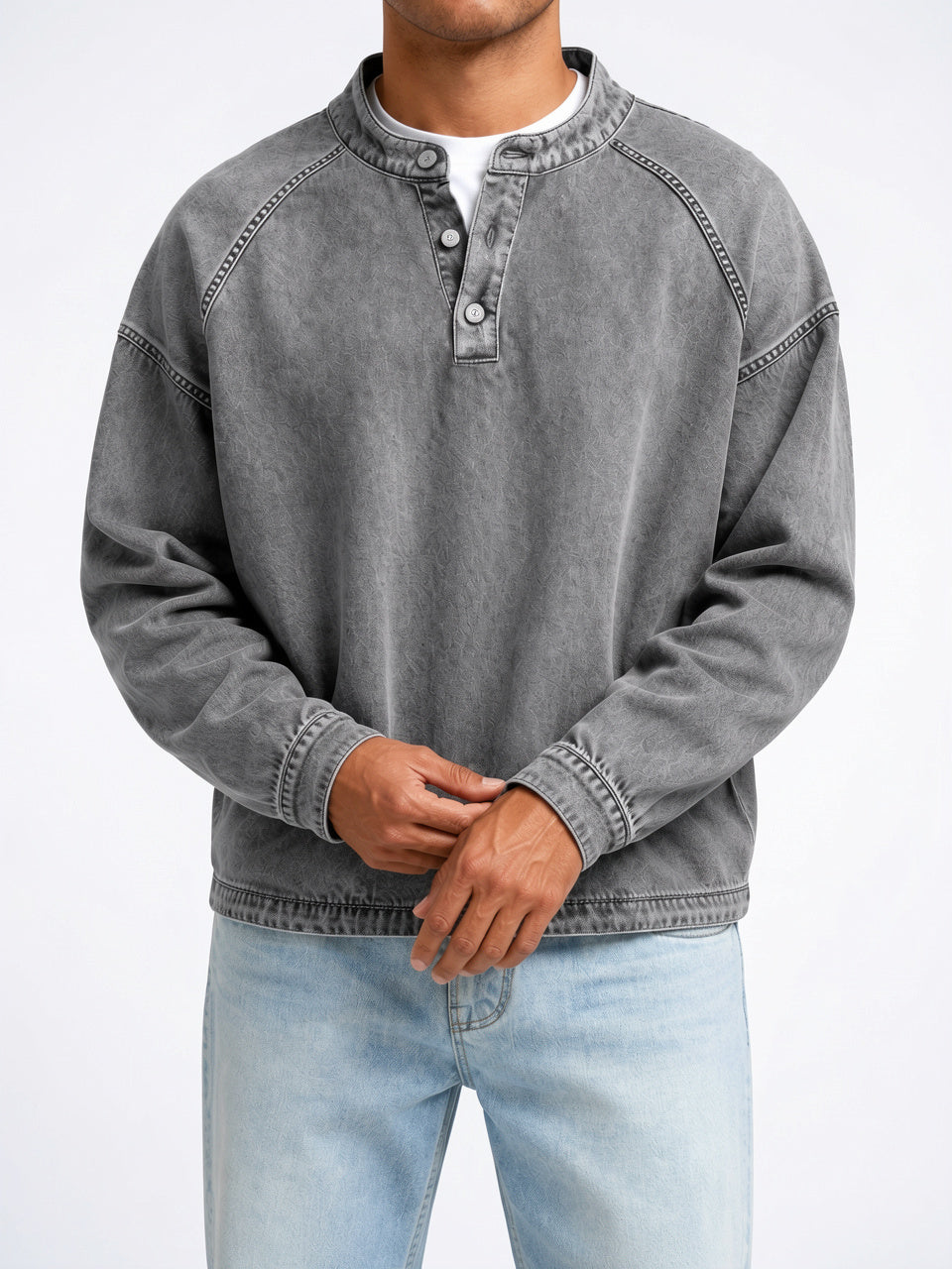 Sweat Henley Homme Délavé Col Montant Boutonné Large - Gris S