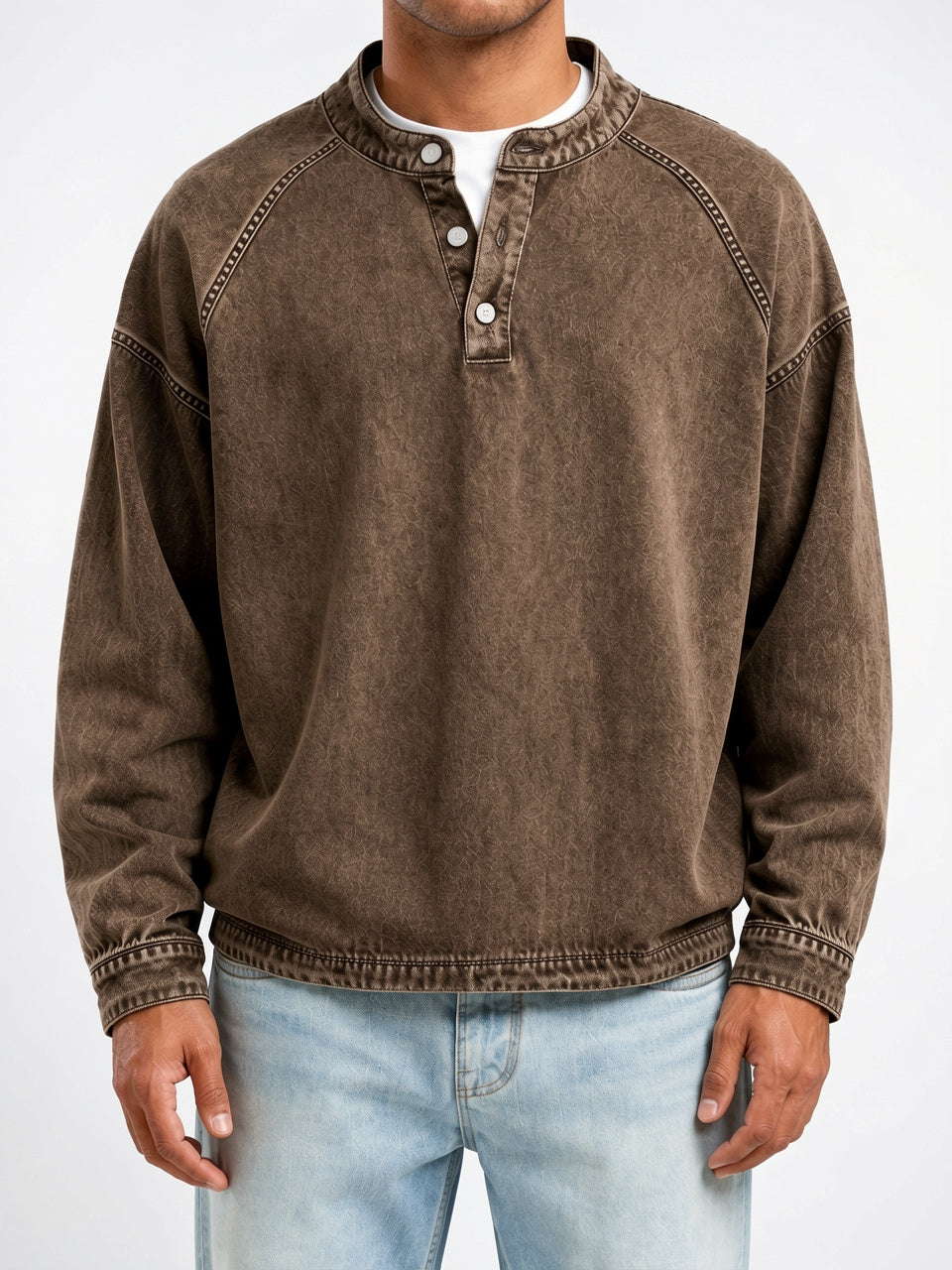 Sweat Henley Homme Délavé Col Montant Boutonné Large - Marron S