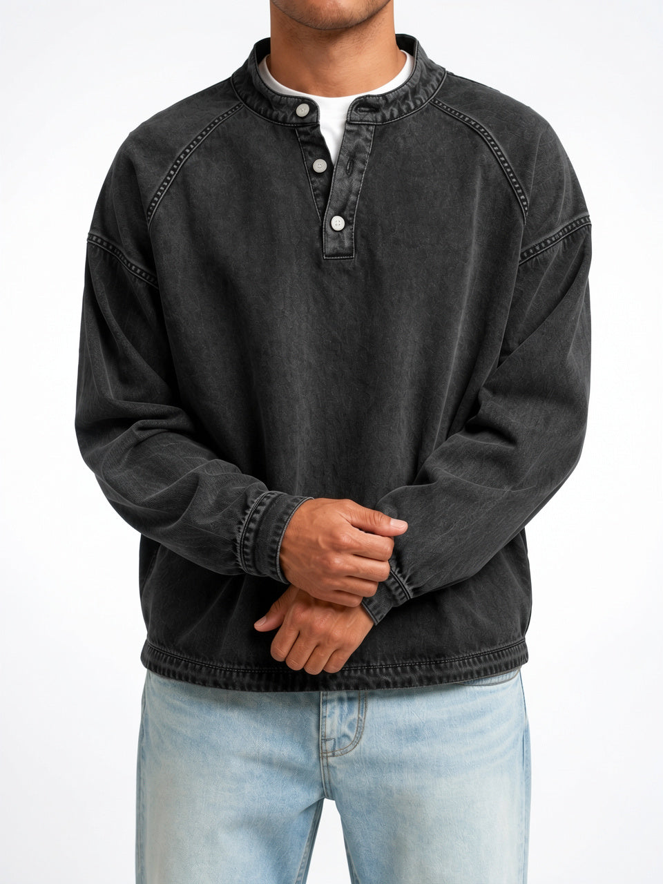 Sweat Henley Homme Délavé Col Montant Boutonné Large - Noir S