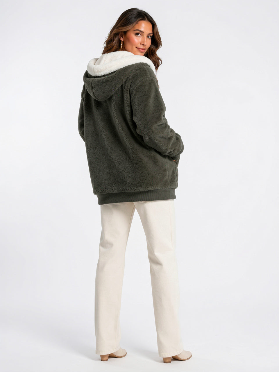 Sweat Hoodie Polaire Sherpa Zippée Femme Doublure Contraste - 12